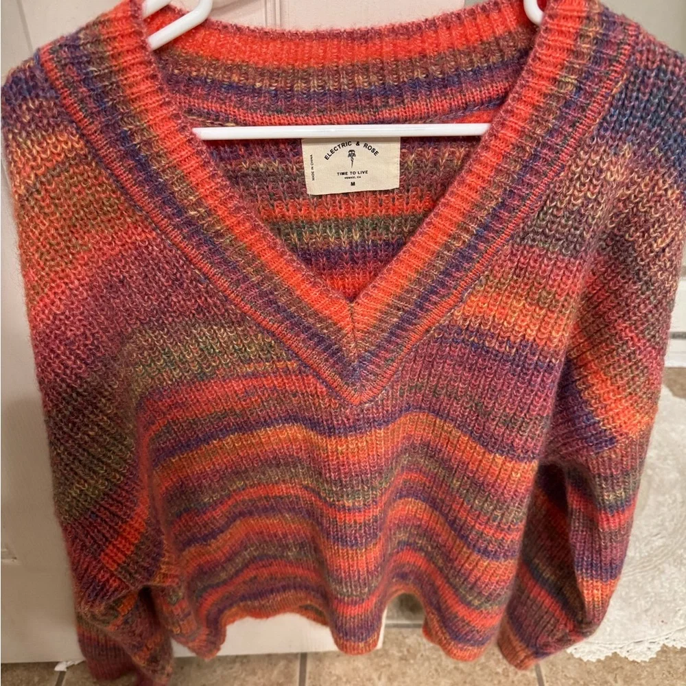 Electric & Rose Orange, Purple & Pink V-Neck Striped Knit Sweater - Picture 1 of 1